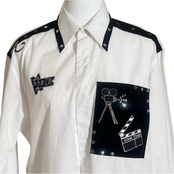 SCRAMBLE USA Unique Movie Theater Shirt. Black & White Studs on collar/shoulder - Picture 1 of 10